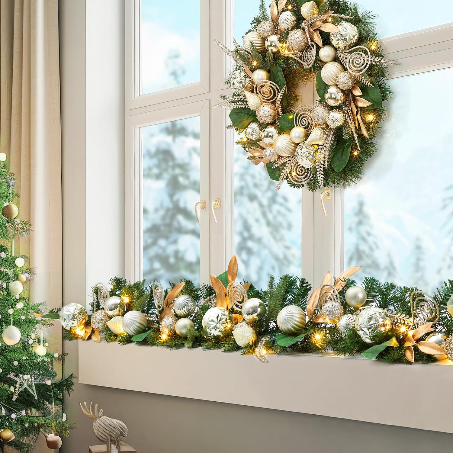 Led Fairy String Lights - ガーヴィー 24インチ クリスマスリース。20個のLEDライト、金色の葉、ボール、オーナメント付きの人工クリスマスガーランド。暖炉や窓に飾り付けたり、壁に吊るして冬のホリデーパーティーを華やかに演出したりするのに最適。