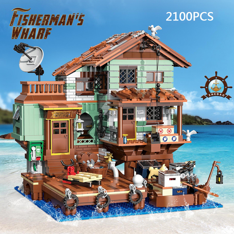 Lego Set City - アイデアシティ街並みミニブロック漁師の桟橋ハウスキャビンビルディングブリック港レストランホテルフィッシャーおもちゃギフト用