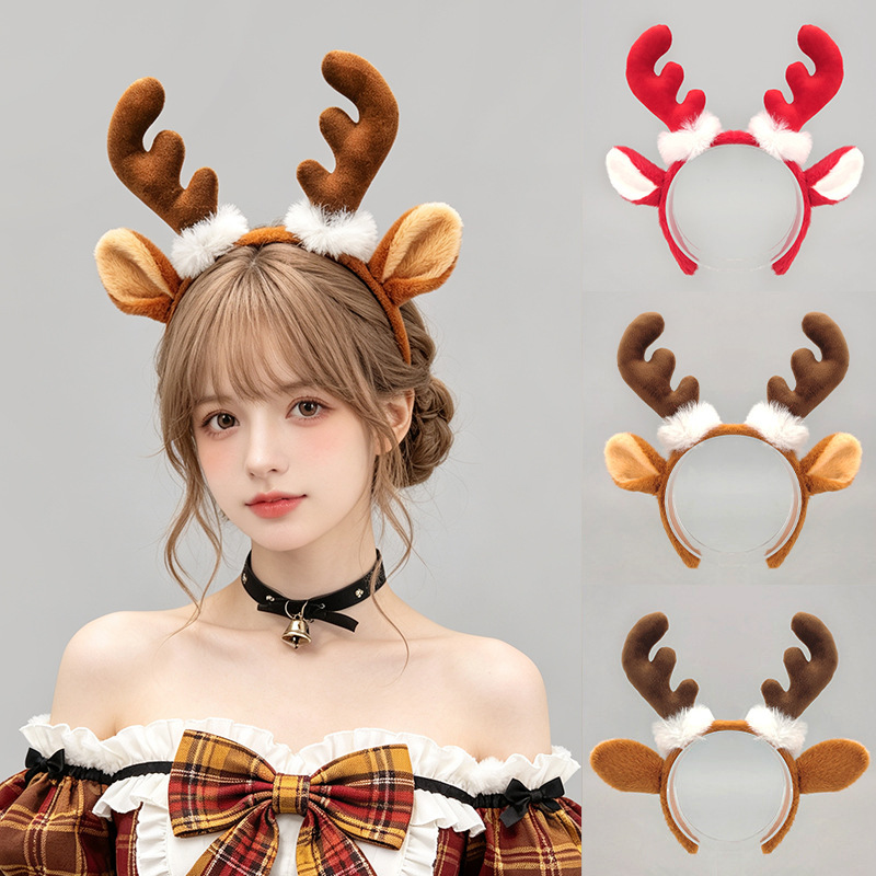 Reindeer Antlers Headband - ヘッドバンド ふわふわのトナカイの角 ムースの耳 ホリデーパーティーコスチューム小道具 子供用 滑り止め