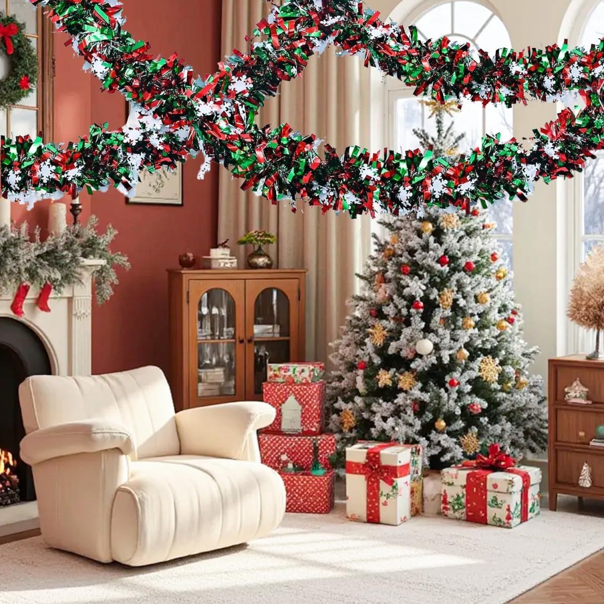 2メートルのクリスマス用ティンセルガーランド。赤と緑の輝きを - Tinsel Garland Decoration のレビューと価格