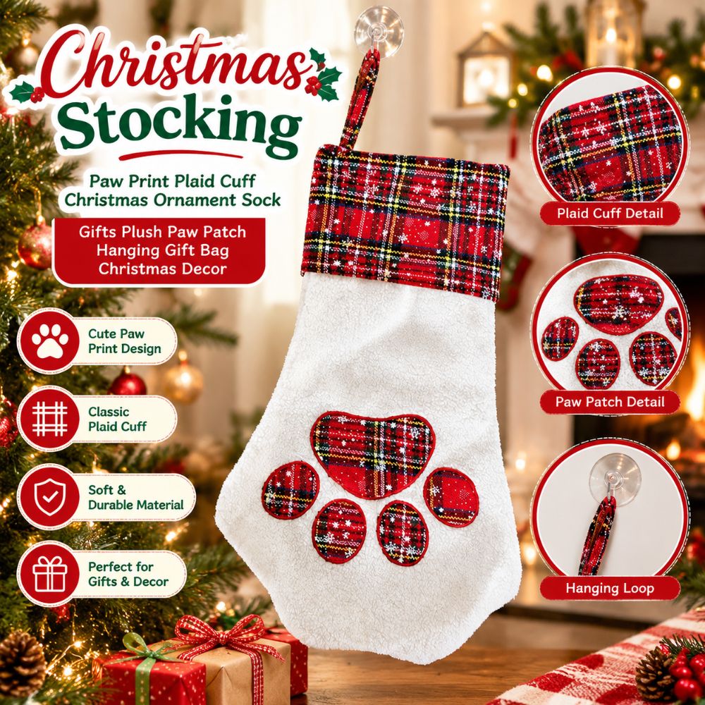 クリスマスギフト、肉球柄のクリスマスストッキング、チェック柄 - Christmas Stocking Hanging のレビューと価格