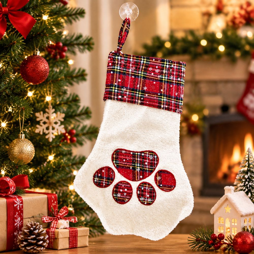 クリスマスギフト、肉球柄のクリスマスストッキング、チェック柄 - Christmas Stocking Hanging のレビューと価格