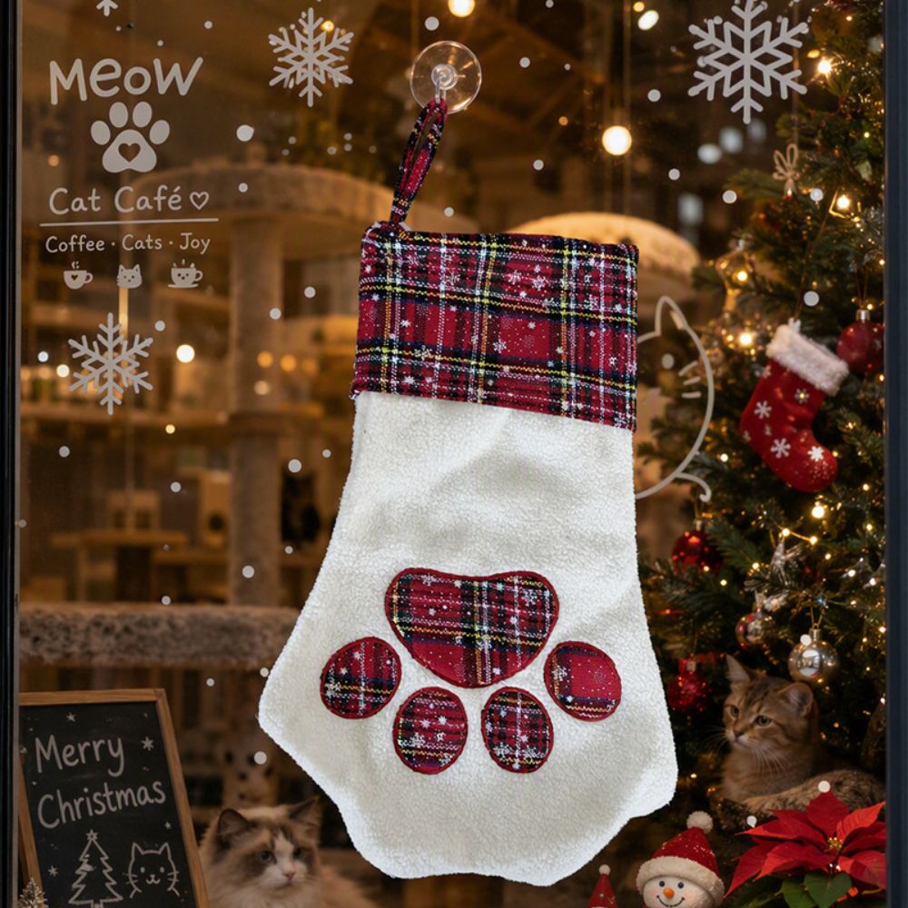 クリスマスギフト、肉球柄のクリスマスストッキング、チェック柄 - Christmas Stocking Hanging のレビューと価格