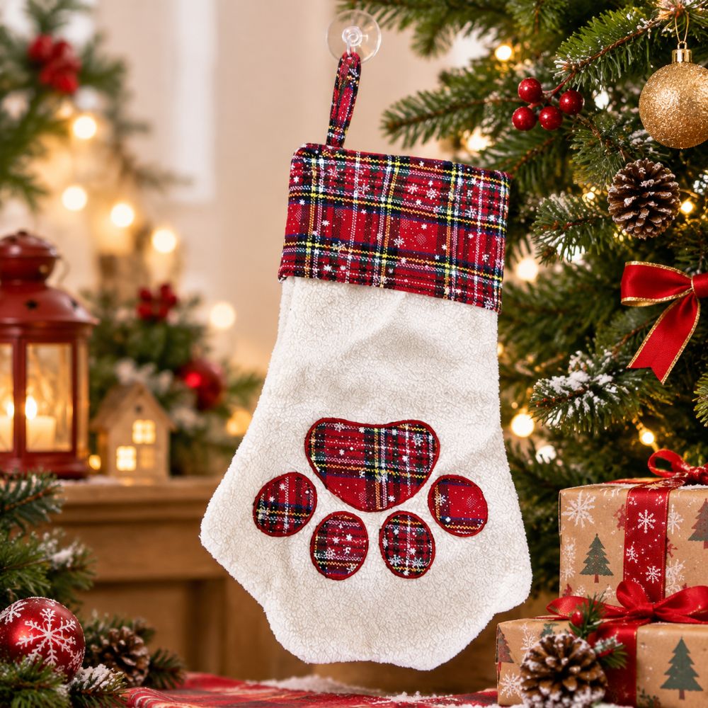 クリスマスギフト、肉球柄のクリスマスストッキング、チェック柄 - Christmas Stocking Hanging のレビューと価格
